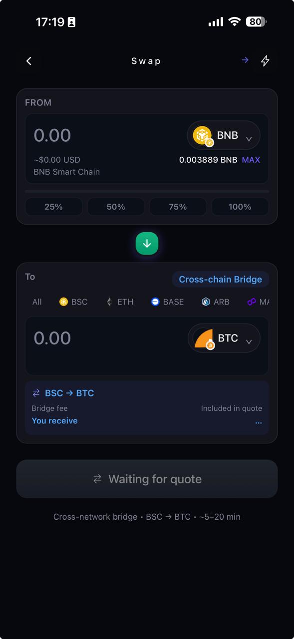 Cross-chain swaps without bridge hopping, BNB para BTC