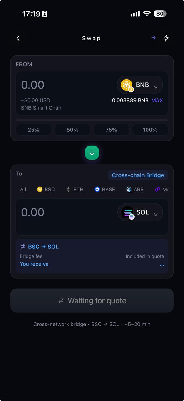 Cross-chain swaps without bridge hopping, BNB para SOL